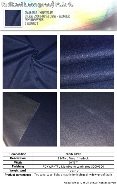 WJ-WNSN 針織羽絨面料10  Composition：60%Nylon  40%Polyester  Description:35雪柳+TPU低透明  Product advantages:輕薄型雙色雪柳 正面照